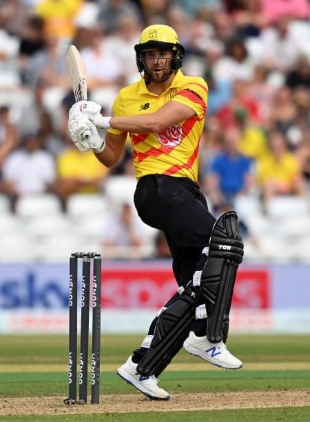 Dawid Malan of Trent Rockets Men plays a shot during The Hundred match between Trent Rockets Men and Southern Brave Men at Trent Bridge on July 24,...