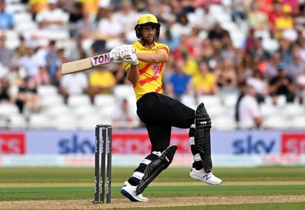 Dawid Malan of Trent Rockets Men plays a shot during The Hundred match between Trent Rockets Men and Southern Brave Men at Trent Bridge on July 24,...