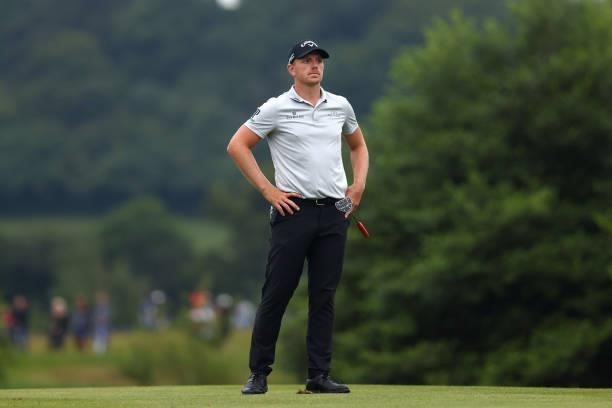 Matt Wallace of England checks his approach into the 12th green during Day Three of the Cazoo Open supported by Gareth Bale at Celtic Manor Resort on...