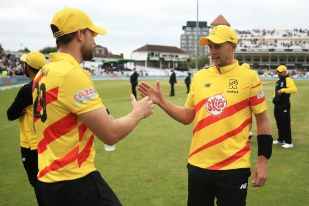 Jot Root and Dawid Malan of Trent Rockets celebrate victory during The Hundred game between Trent Rockets and Southern Brave at Trent Bridge on July...