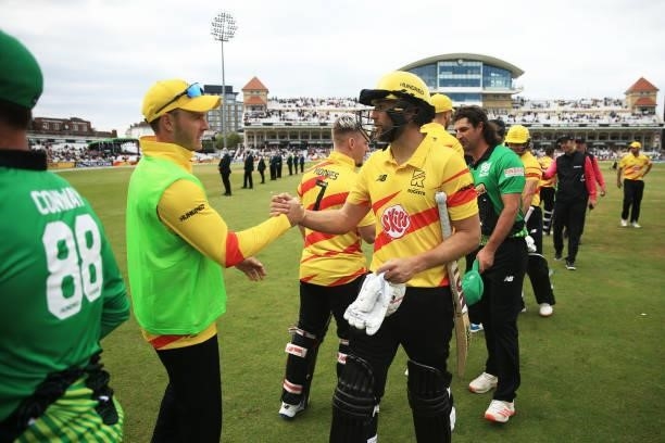 Dawid Malan of Trent Rockets shakes hands after victory during The Hundred game between Trent Rockets and Southern Brave at Trent Bridge on July 24,...