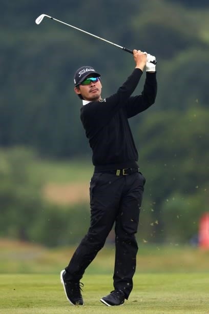 Masahiro Kawamura of Japan plays his second shot on the 12th hole during Day Three of the Cazoo Open supported by Gareth Bale at Celtic Manor Resort...