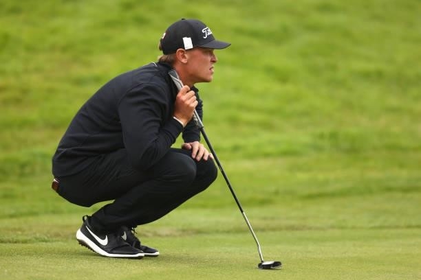 Vincent Norrman of Sweden lines up his putt on the 15th hole during Day Three of the Cazoo Open supported by Gareth Bale at Celtic Manor Resort on...