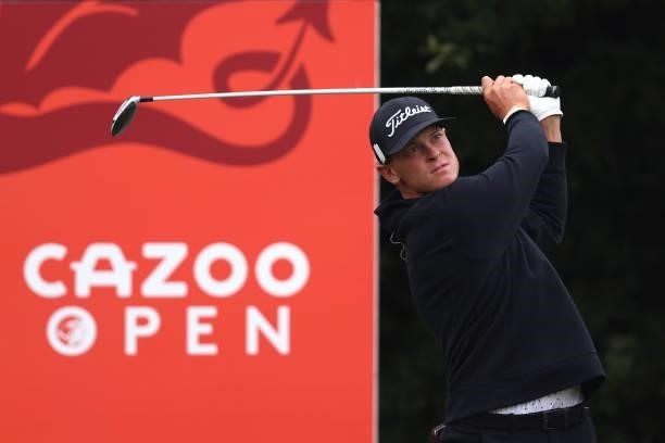 Vincent Norrman of Sweden tees off on the 15th hole during Day Three of the Cazoo Open supported by Gareth Bale at Celtic Manor Resort on July 24,...