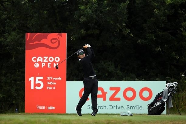 Masahiro Kawamura of Japan tees off on the 15th hole during Day Three of the Cazoo Open supported by Gareth Bale at Celtic Manor Resort on July 24,...