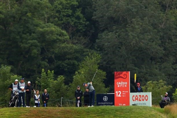 Chase Hanna of USA tees off on the 12th hole during Day Three of the Cazoo Open supported by Gareth Bale at Celtic Manor Resort on July 24, 2021 in...