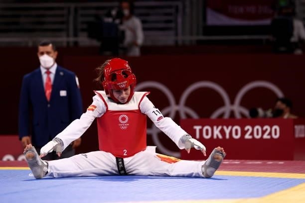 Adriana Cerezo Iglesias of Team Spain reacts after being defeated by Panipak Wongpattanakit of Team Thailand during the Women's -49kg Taekwondo Gold...