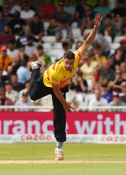 Marchant de Lange of Trent Rockets bowls during The Hundred game between Trent Rockets and Southern Brave at Trent Bridge on July 24, 2021 in...