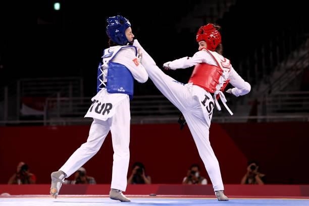 Abishag Semberg of Team Israel competes against Rukiye Yıldırım of Team Turkey during the Women's -49kg Taekwondo Bronze Medal contest on day one of...