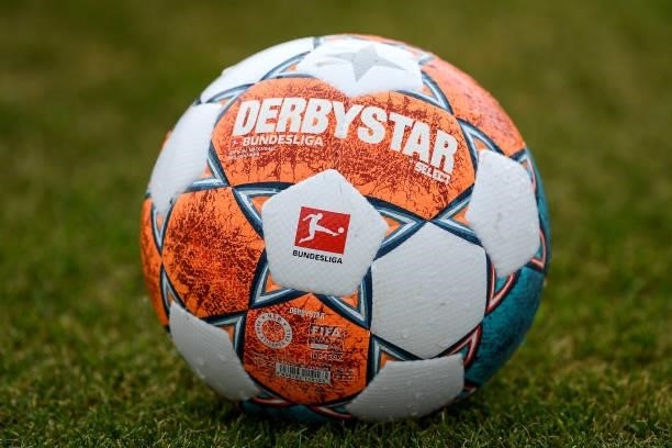 The Derbystar Bundesliga ball is pictured during the pre-season friendly match between Borussia Moenchengladbach and SSASP Football Club de Metz at...