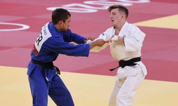 Jorre Verstraeten of Belgium in white against Moritz Plafky of Germany in blue during day one of the Tokyo 2020 Olympic Games at Nippon Budokan on...