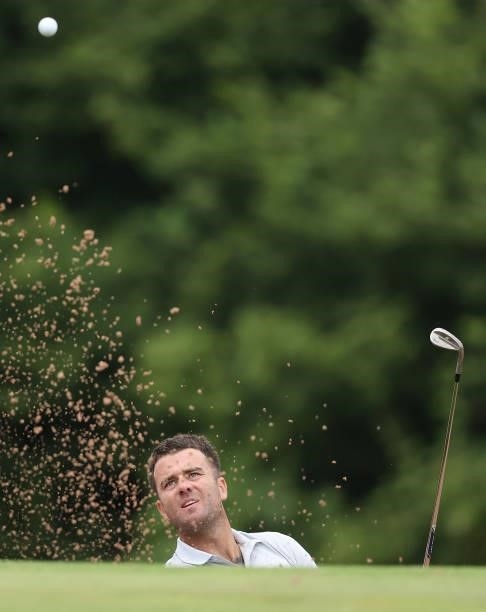 Toby Tree of England plays his second shot on the 17th hole during the third round of the Cazoo Open supported by Gareth Bale at Celtic Manor Resort...