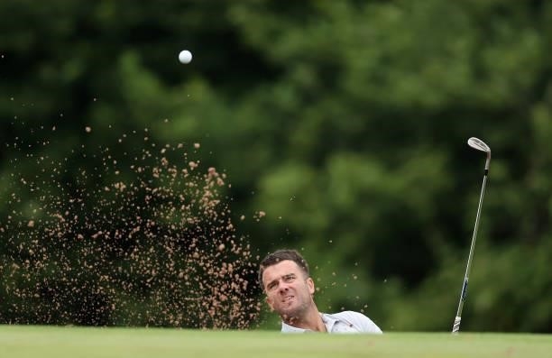 Toby Tree of England plays his second shot on the 17th hole during the third round of the Cazoo Open supported by Gareth Bale at Celtic Manor Resort...