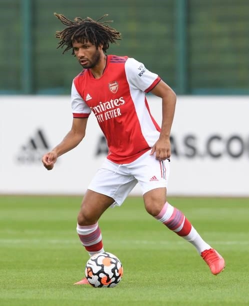 Mohamed Elneny of Arsenal during the pre season friendly between Arsenal and Millwall at London Colney on July 24, 2021 in St Albans, England.