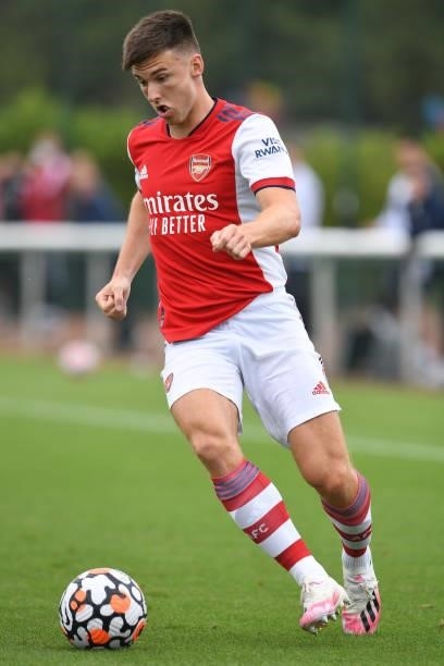 Kieran Tierney of Arsenal during the pre season friendly between Arsenal and Millwall at London Colney on July 24, 2021 in St Albans, England.