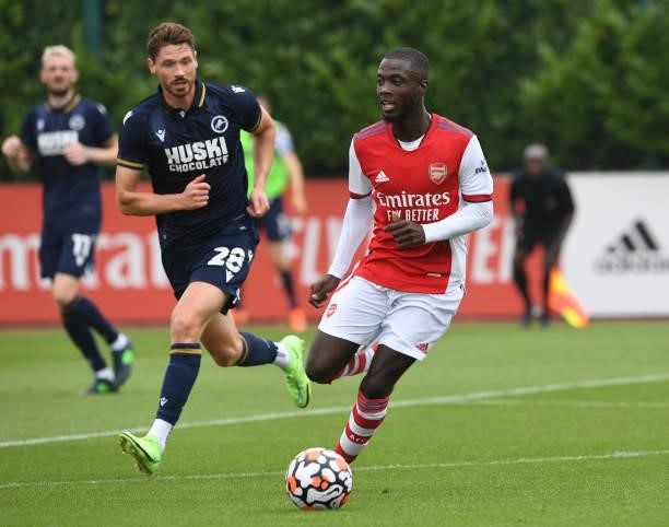 Nicolas Pepe of Arsenal during the pre season friendly between Arsenal and Millwall at London Colney on July 24, 2021 in St Albans, England.