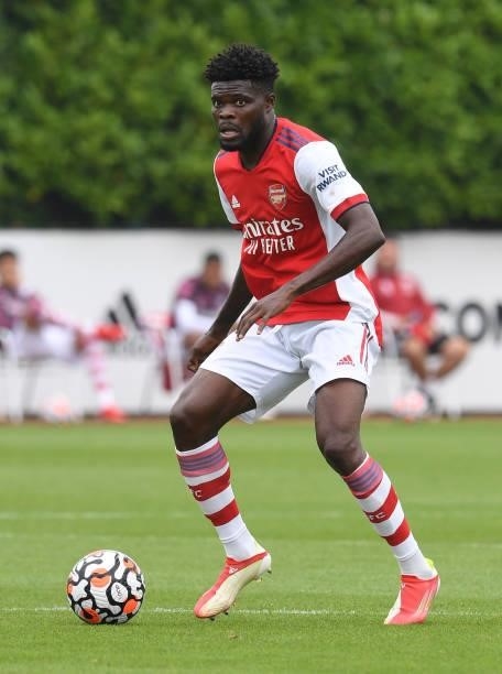 Thomas Partey of Arsenal during the pre season friendly between Arsenal and Millwall at London Colney on July 24, 2021 in St Albans, England.