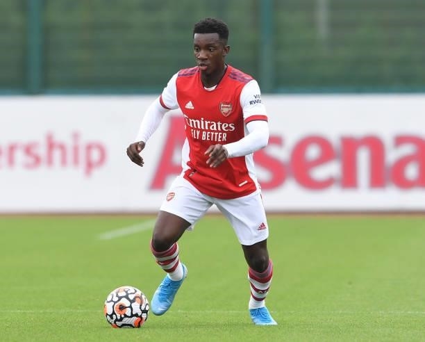 Eddie Nketiah of Arsenal during the pre season friendly between Arsenal and Millwall at London Colney on July 24, 2021 in St Albans, England.