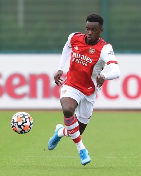 Eddie Nketiah of Arsenal during the pre season friendly between Arsenal and Millwall at London Colney on July 24, 2021 in St Albans, England.