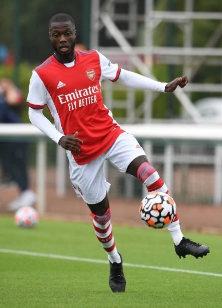 Nicolas Pepe of Arsenal during the pre season friendly between Arsenal and Millwall at London Colney on July 24, 2021 in St Albans, England.