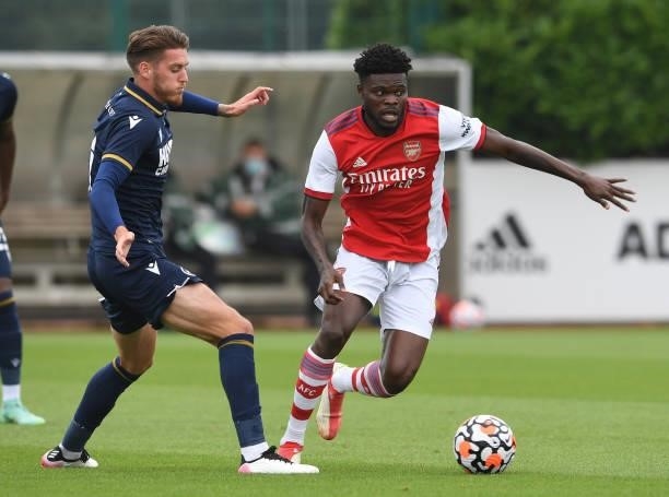 Thomas Partey of Arsenal during the pre season friendly between Arsenal and Millwall at London Colney on July 24, 2021 in St Albans, England.