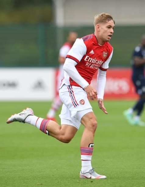 Emile Smith Rowe of Arsenal during the pre season friendly between Arsenal and Millwall at London Colney on July 24, 2021 in St Albans, England.