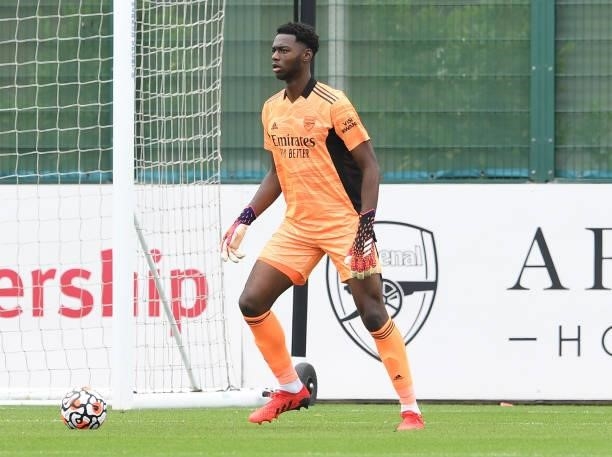 Arthur Okonkwo of Arsenal during the pre season friendly between Arsenal and Millwall at London Colney on July 24, 2021 in St Albans, England.