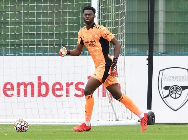 Arthur Okonkwo of Arsenal during the pre season friendly between Arsenal and Millwall at London Colney on July 24, 2021 in St Albans, England.