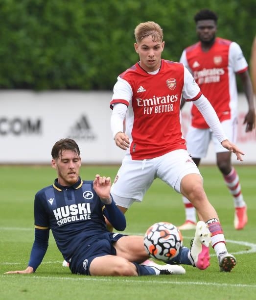 Emile Smith Rowe of Arsenal during the pre season friendly between Arsenal and Millwall at London Colney on July 24, 2021 in St Albans, England.