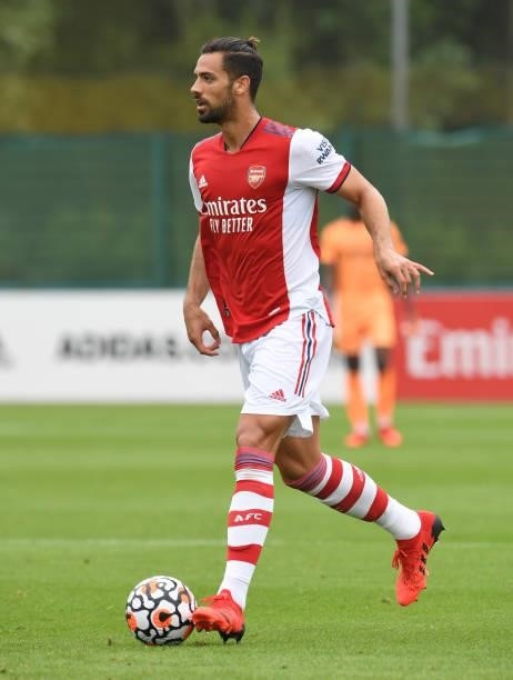 Pablo Mari of Arsenal during the pre season friendly between Arsenal and Millwall at London Colney on July 24, 2021 in St Albans, England.