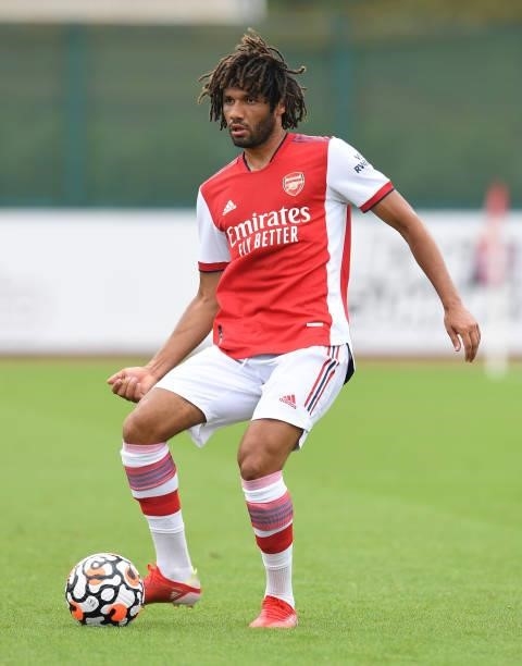 Mohamed Elneny of Arsenal during the pre season friendly between Arsenal and Millwall at London Colney on July 24, 2021 in St Albans, England.