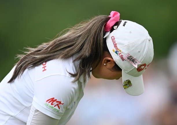 Pajaree Anannarukarn of Thailand has the name Grace on her cap for the daughter of an LPGA player who is sick during day three of the The Amundi...