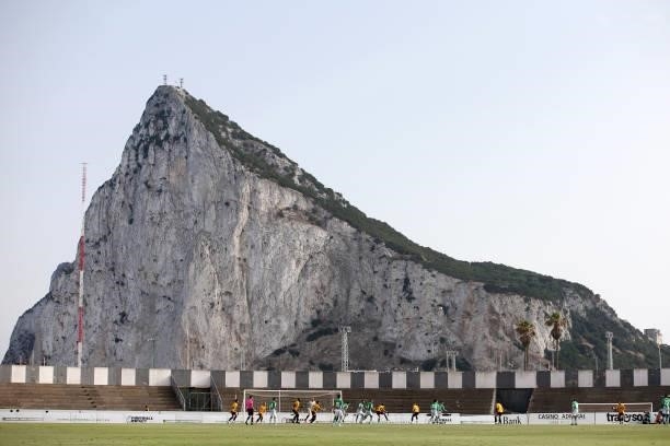 General view inside the stadium where the Rock of Gibraltar is seen during the Pre-Season Friendly match between Real Betis and Wolverhampton...
