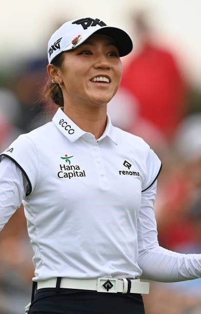 Lydia Ko of New Zealand reacts on the 18th hole during day three of the The Amundi Evian Championship at Evian Resort Golf Club on July 24, 2021 in...