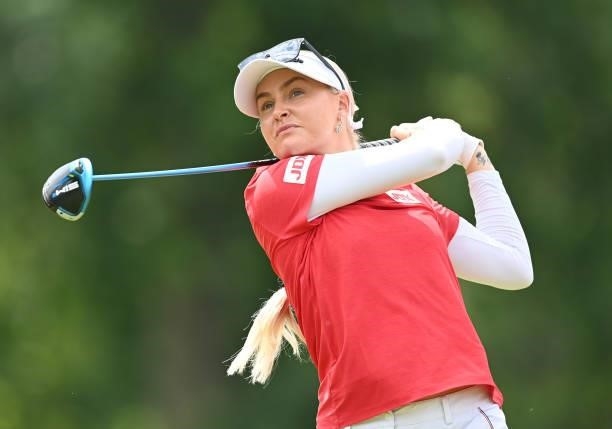 Charley Hull of England plays her tee shot on the 13th hole during day three of the The Amundi Evian Championship at Evian Resort Golf Club on July...