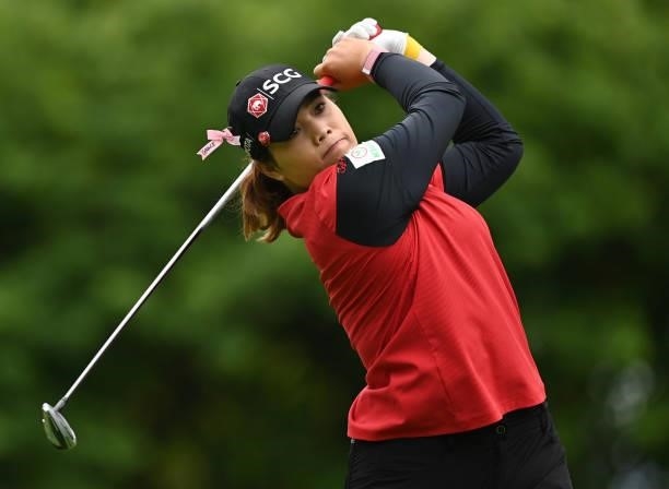 Ariya Jutanugarn of Thailand plays her tee shot on the seventh hole during day three of the The Amundi Evian Championship at Evian Resort Golf Club...