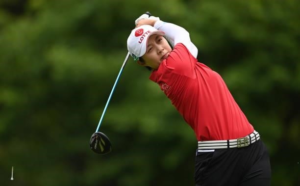 He Young Park of Korea plays her tee shot on the seventh hole during day three of the The Amundi Evian Championship at Evian Resort Golf Club on July...