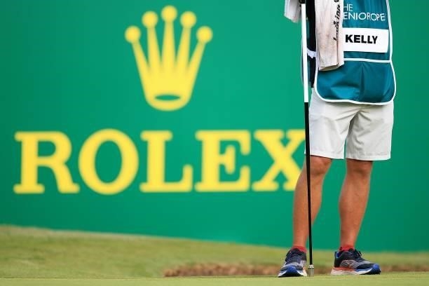 Caddy stands on the 18th green during day three of The Senior Open Presented by Rolex at Sunningdale Golf Club on July 24, 2021 in Sunningdale,...