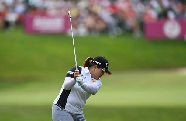 Inbee Park of Koreaplays her approach shot on the 18th hole during day three of the The Amundi Evian Championship at Evian Resort Golf Club on July...