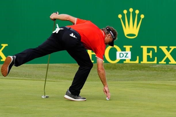 Bernhard Langer of Germany in action during the third round of the Senior Open presented by Rolex at Sunningdale Golf Club on July 24, 2021 in...