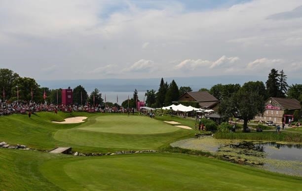 General view of the 18th hole during day three of the The Amundi Evian Championship at Evian Resort Golf Club on July 24, 2021 in Evian-les-Bains,...