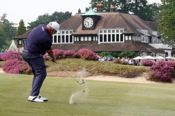 Darren Clarke of Northern Ireland in action during the third round of the Senior Open presented by Rolex at Sunningdale Golf Club on July 24, 2021 in...