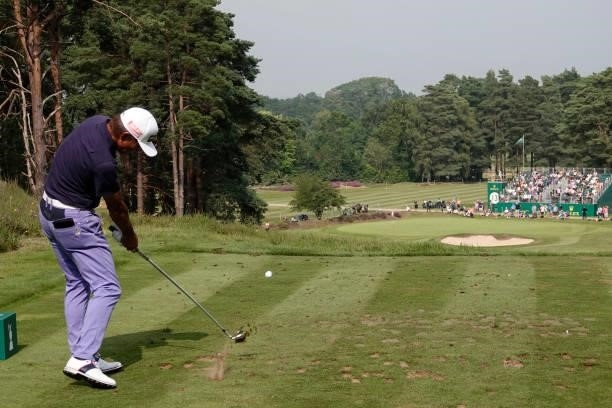 Yashinobu Tsukada of Japan in action during the third round of the Senior Open presented by Rolex at Sunningdale Golf Club on July 24, 2021 in...