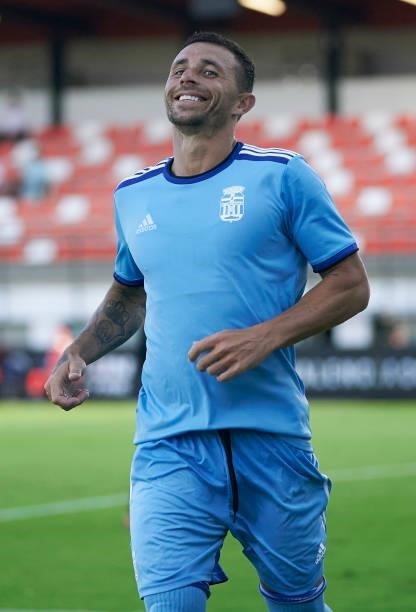 Ruben Castro of Cartagena celebrates after scoring his team's first goal during the pre-season friendly match between Valencia CF and FC Cartagena at...