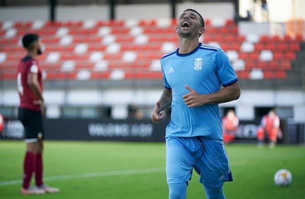 Ruben Castro of Cartagena celebrates after scoring his team's first goal during the pre-season friendly match between Valencia CF and FC Cartagena at...