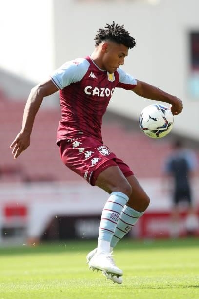 Ollie Watkins of Aston Villa in action during a pre-season friendly match between Stoke City and Aston Villa at Britannia Stadium on July 24, 2021 in...