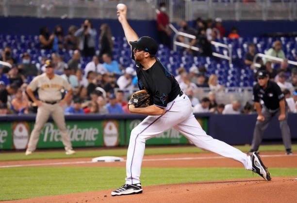Zach Thompson of the Miami Marlins delivers a pitch against the San Diego Padres at loanDepot park on July 23, 2021 in Miami, Florida.