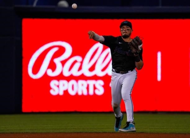 Miguel Rojas of the Miami Marlins in action against the San Diego Padres at loanDepot park on July 23, 2021 in Miami, Florida.