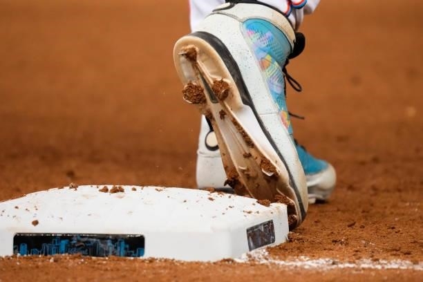 General view of the Stadium Custom Kicks Nike Air Jordan cleats worn by Miguel Rojas of the Miami Marlins during the game against the San Diego...