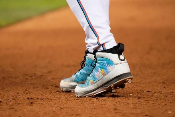 General view of the Stadium Custom Kicks Nike Air Jordan cleats worn by Miguel Rojas of the Miami Marlins during the game against the San Diego...